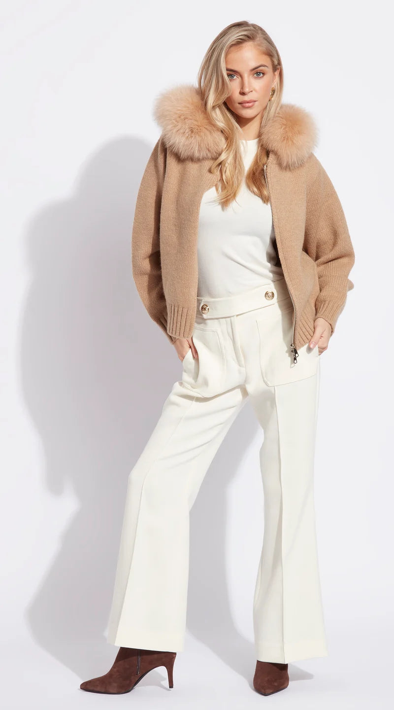 Cardigan en maille à capuche et col en fourrure pour femme
