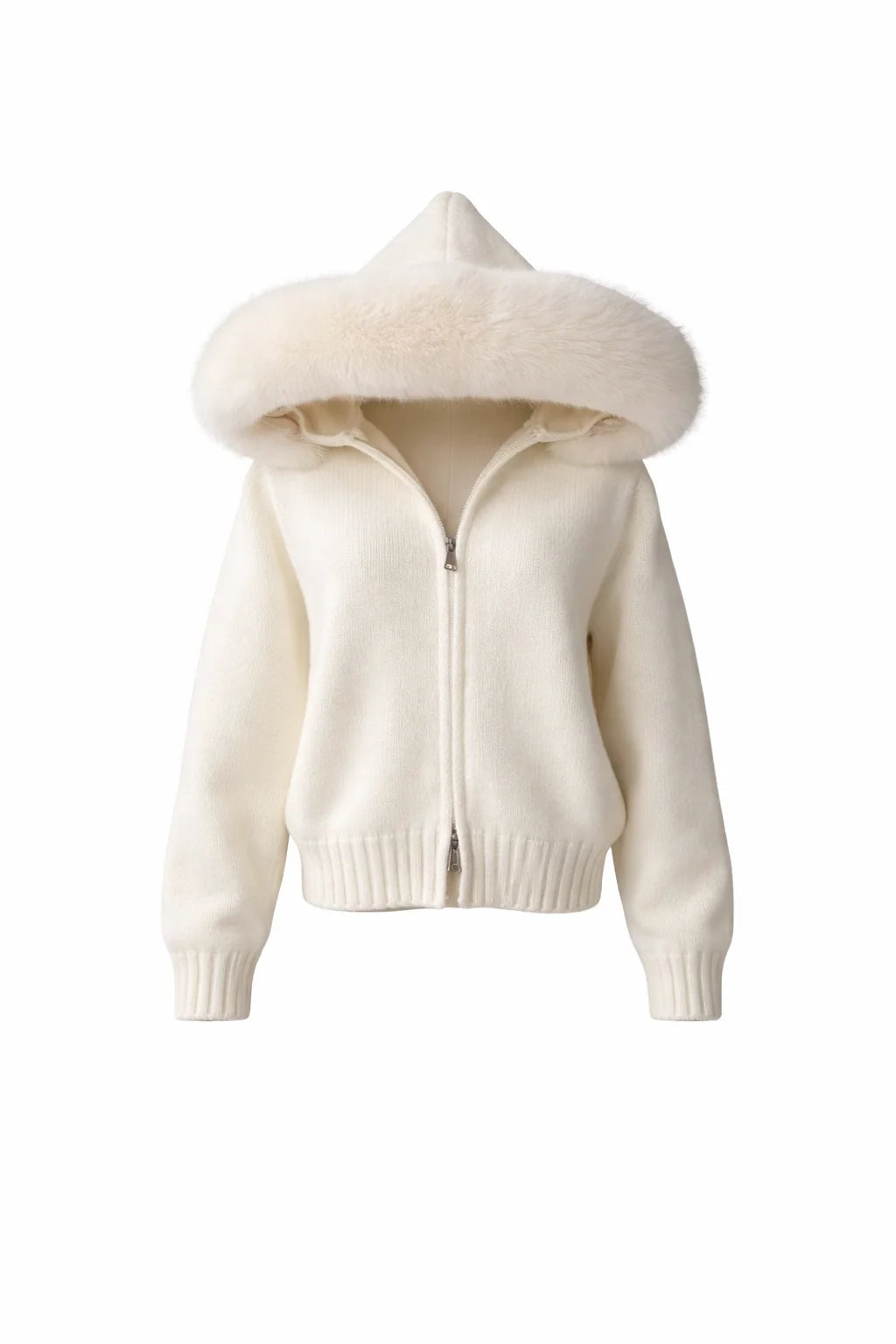 Cardigan en maille à capuche et col en fourrure pour femme