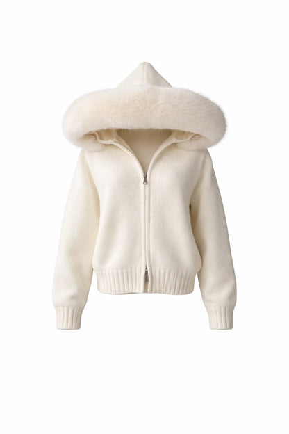 Cardigan en maille à capuche et col en fourrure pour femme