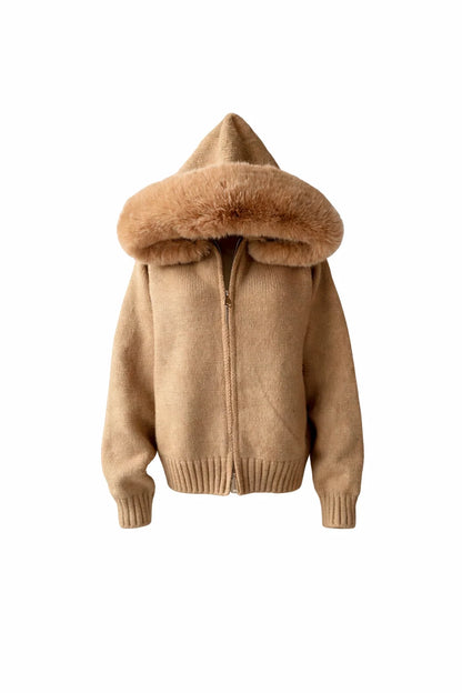 Cardigan en maille à capuche et col en fourrure pour femme